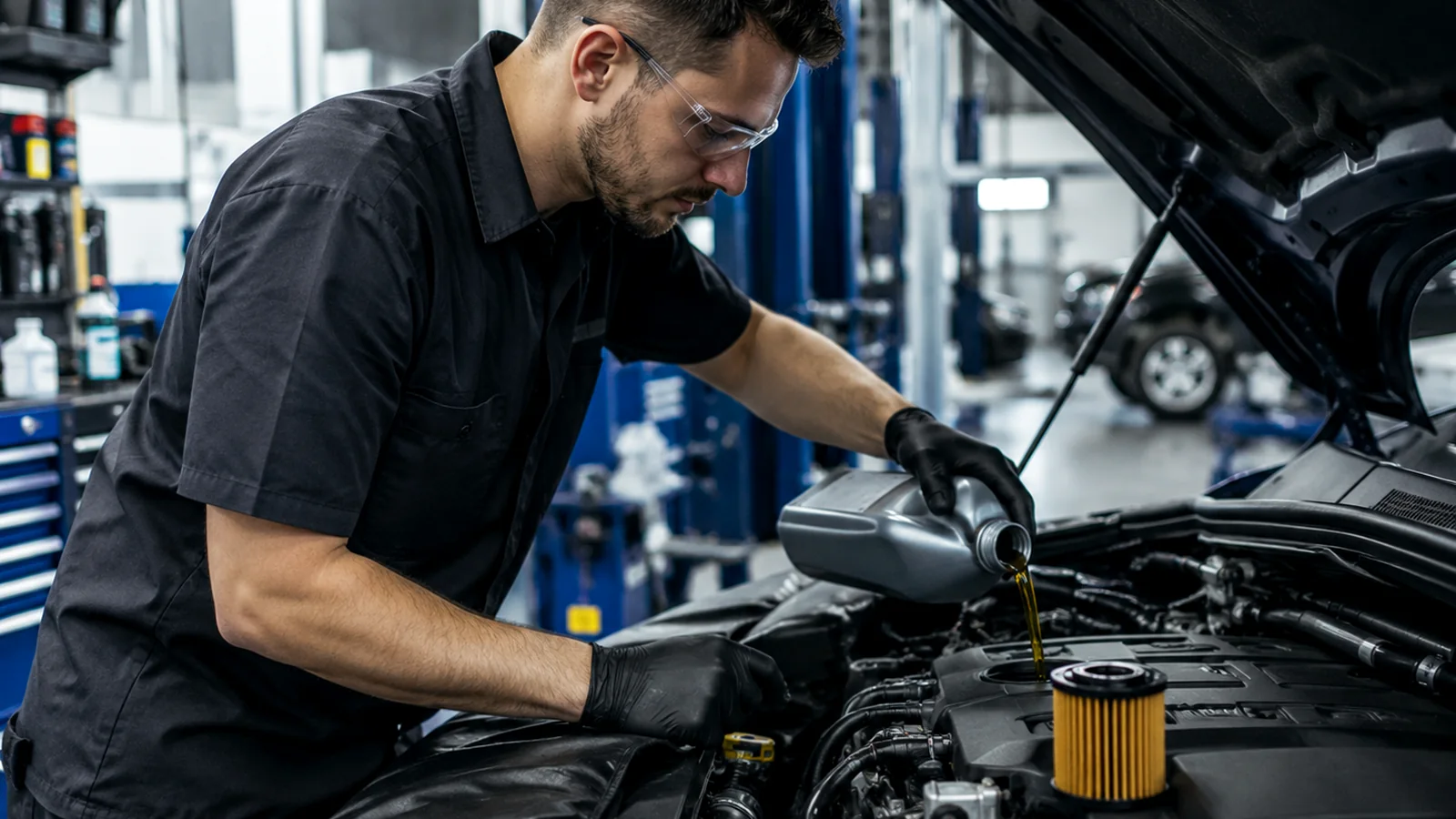 Mechanic servicing a modern vehicle in a clean workshop