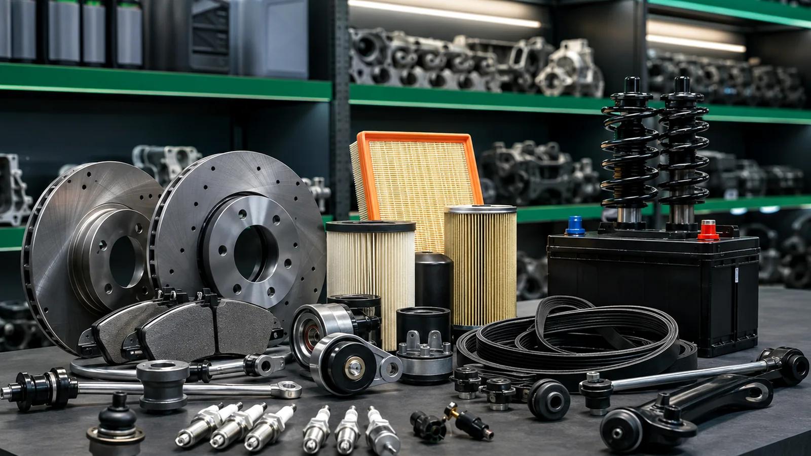 Automotive service parts and components in a modern workshop