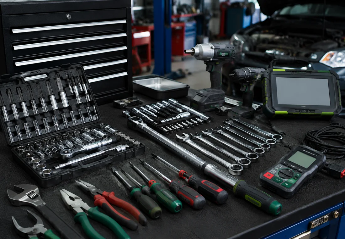 Organised automotive workshop tools and diagnostic equipment
