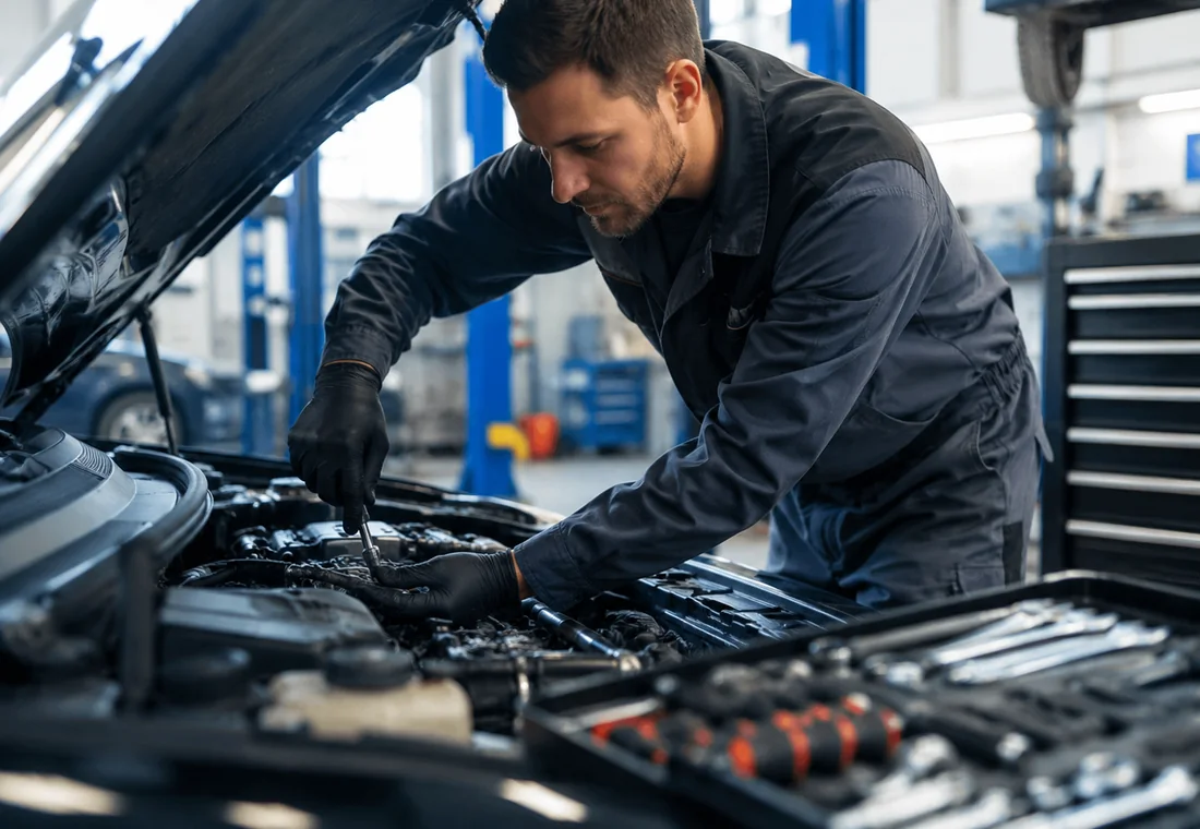 Mechanic working on a vehicle engine