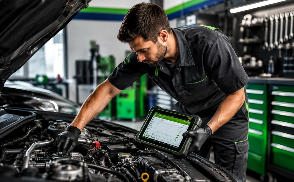 Technician performing computerised diagnostics with a scan tablet