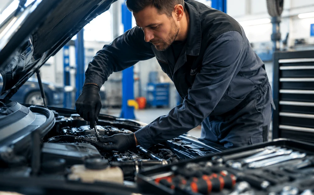 Mechanic carrying out engine and mechanical repair