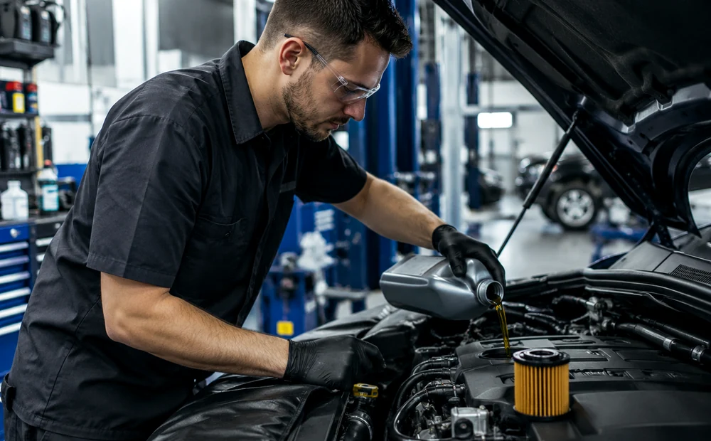 Mechanic performing preventive maintenance and fluid service