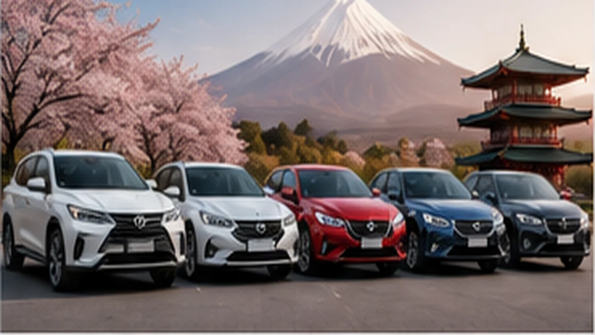 Japanese vehicle lineup with Mount Fuji and Japanese architecture